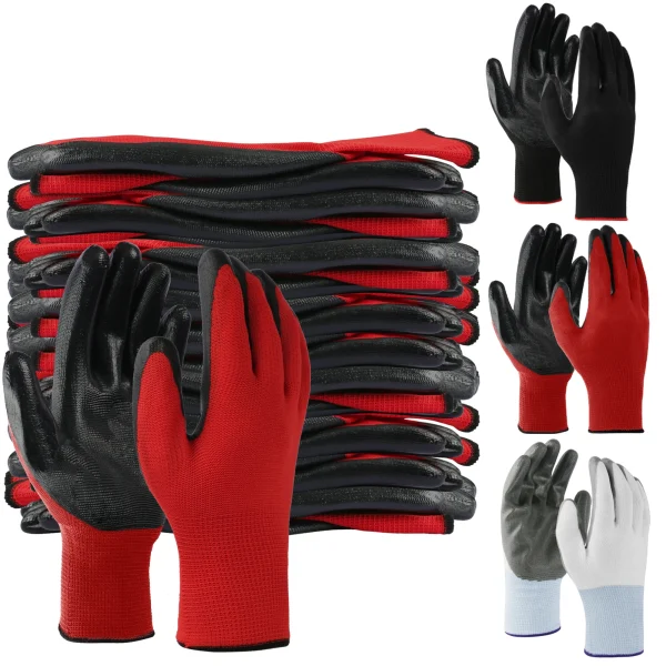 12Pairs Garden Man Safety Gloves With Knitted Red Nylon